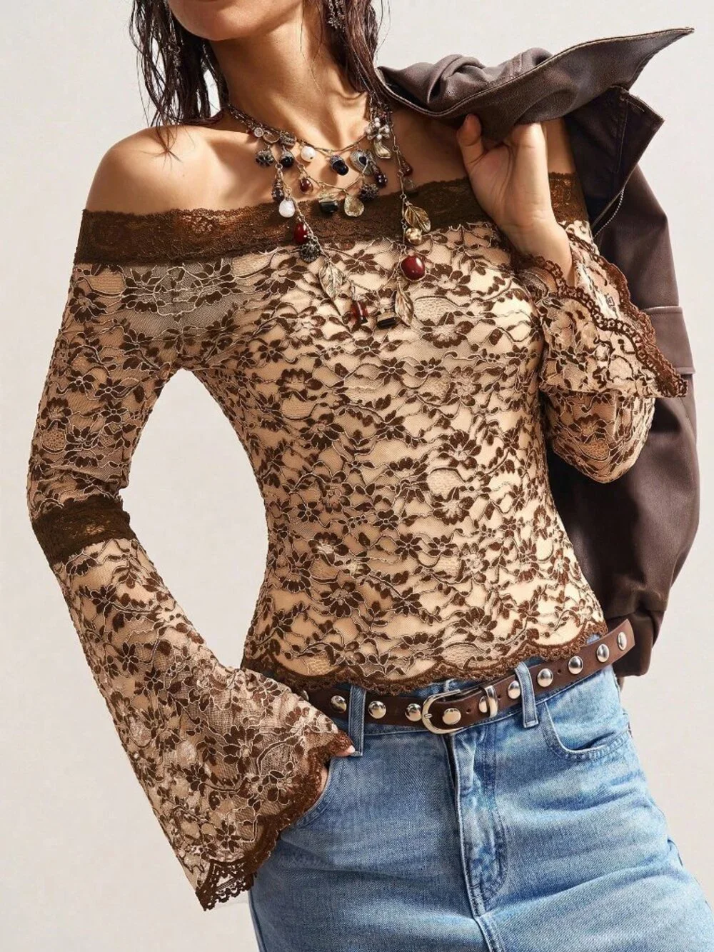 Brown Boho Casual Women's Knit Off-Shoulder Flare Long Sleeve Fitted Top